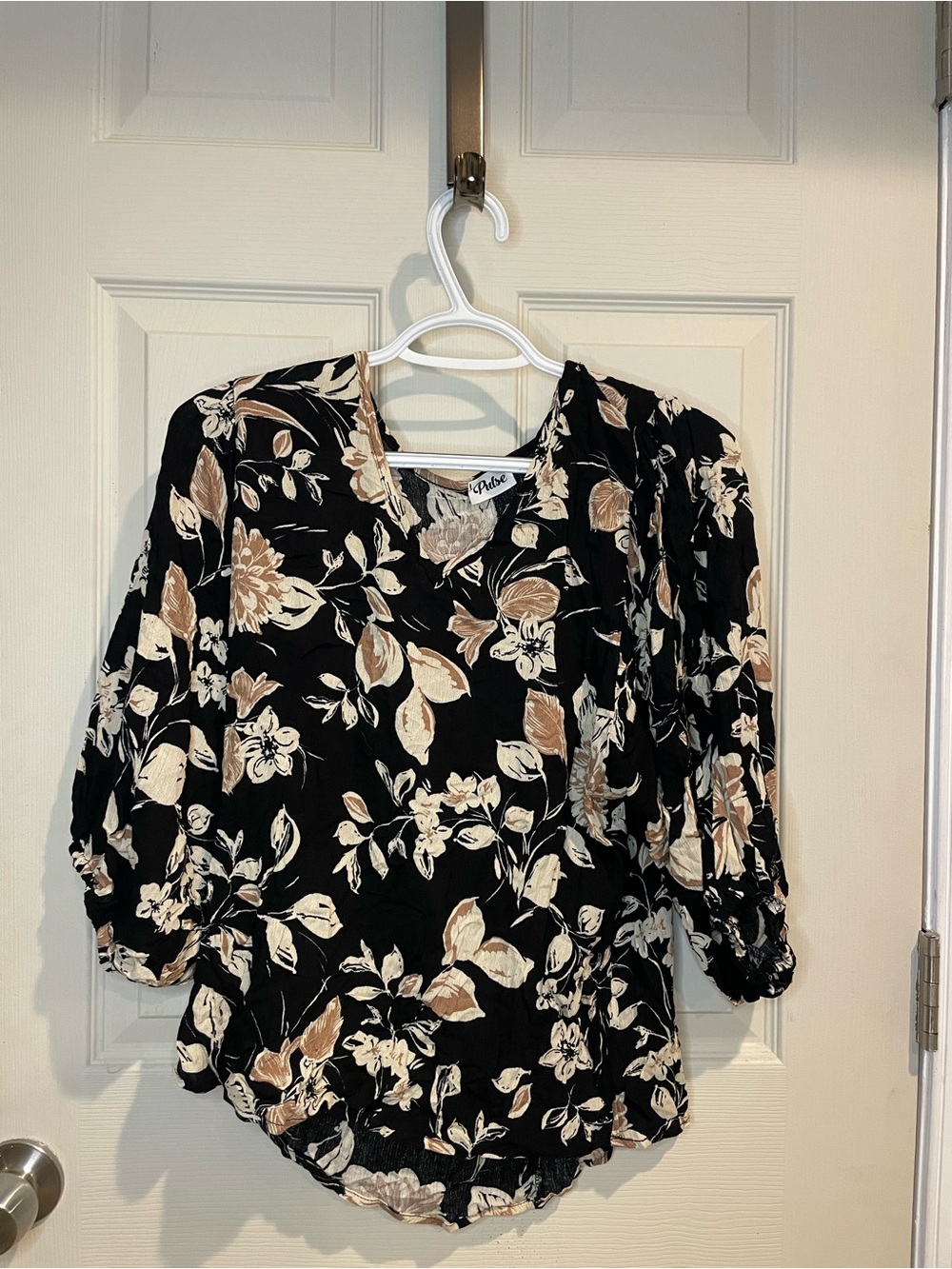 Pulse Black Floral V-Neck Blouse with Tan and Cream Flowers